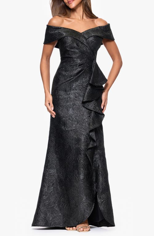 Xscape Evenings Ruffle Off The Shoulder Brocade Gown In Black