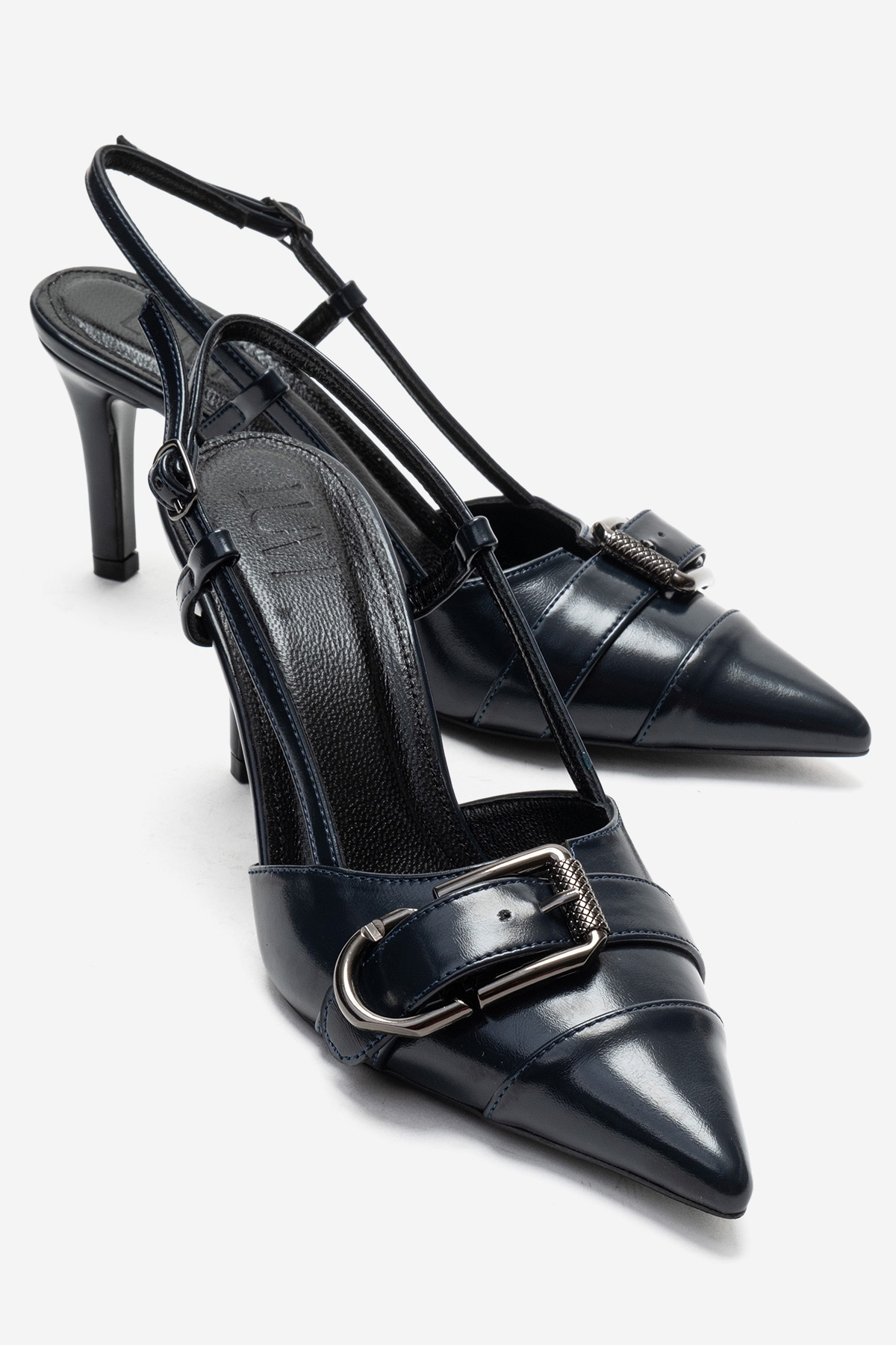 Noen Buckle Pointed Toe Stiletto Pump, Alternate, color, Navy