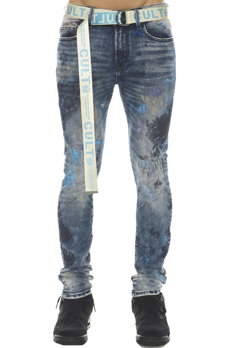 Punk Super Skinny Stretch Jeans with Web Belt, Main, color, ABSTRACT
