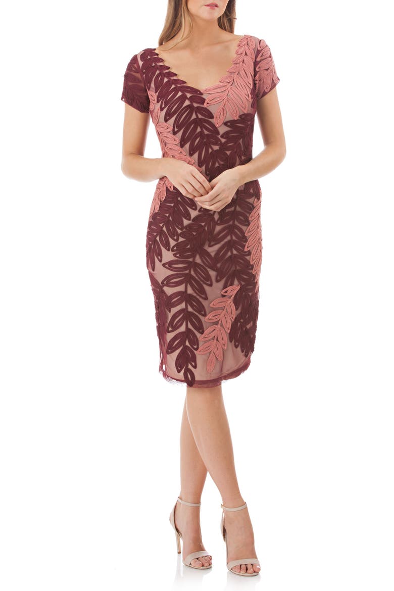 Leaf Soutache V-Neck Sheath Dress, Main, color, GARNET/ SIENNA
