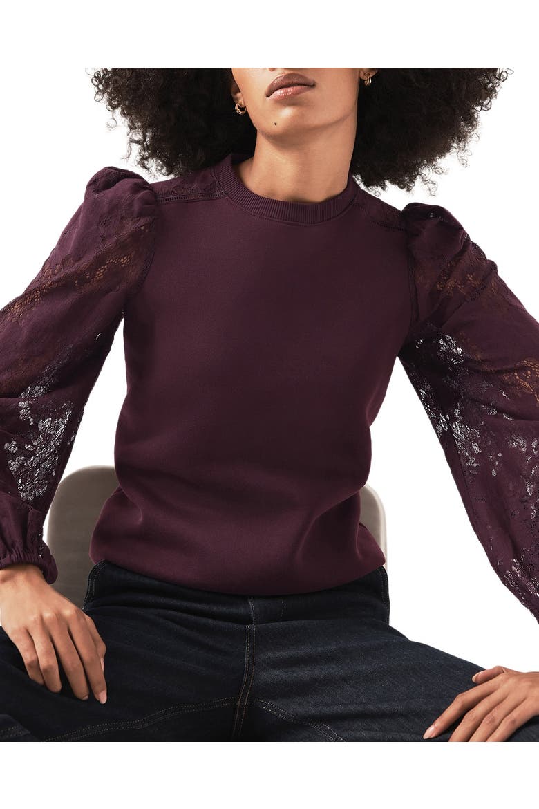 Cotton Blend Lace Sleeve Sweatshirt, Main, color, Burgundy