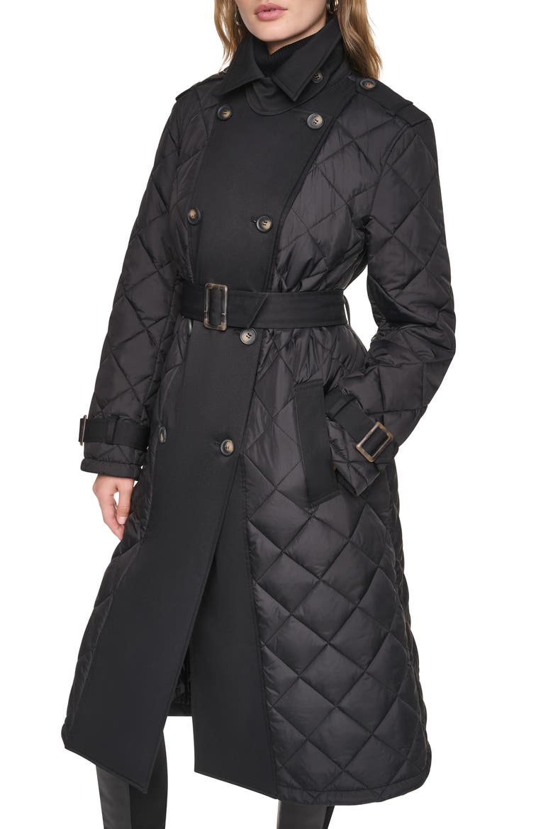 Quilted Double Breasted Trench Coat, Alternate, color, BLACK