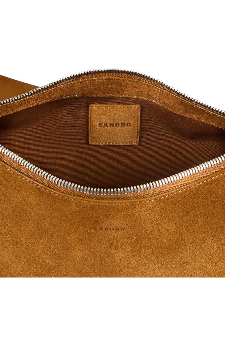 SANDRO Small zipped split leather hobo, Alternate, color, Cognac