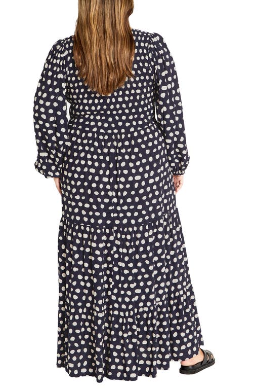 City Chic Jayden Smocked Bodice Long Sleeve Maxi Dress In Abstract Spot