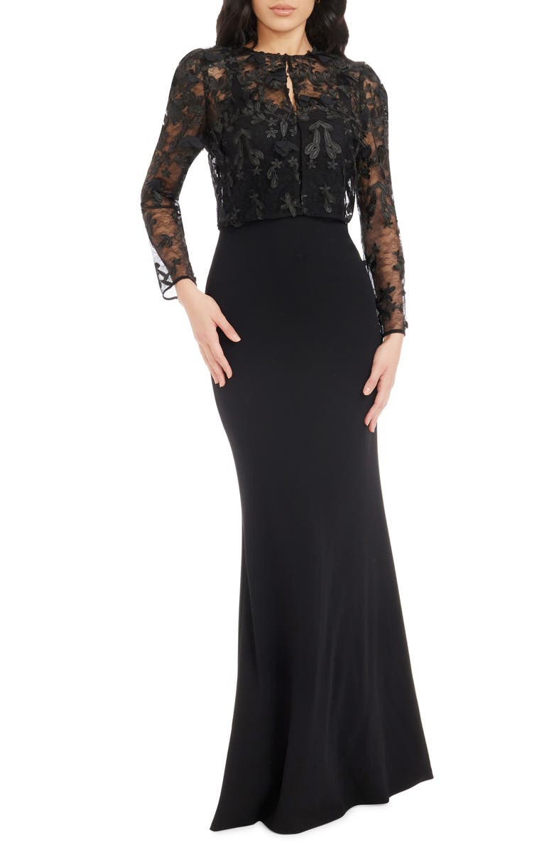 Dress the Population Andra Appliqué Puff Sleeve Sheer Jacket, Main, color, Black