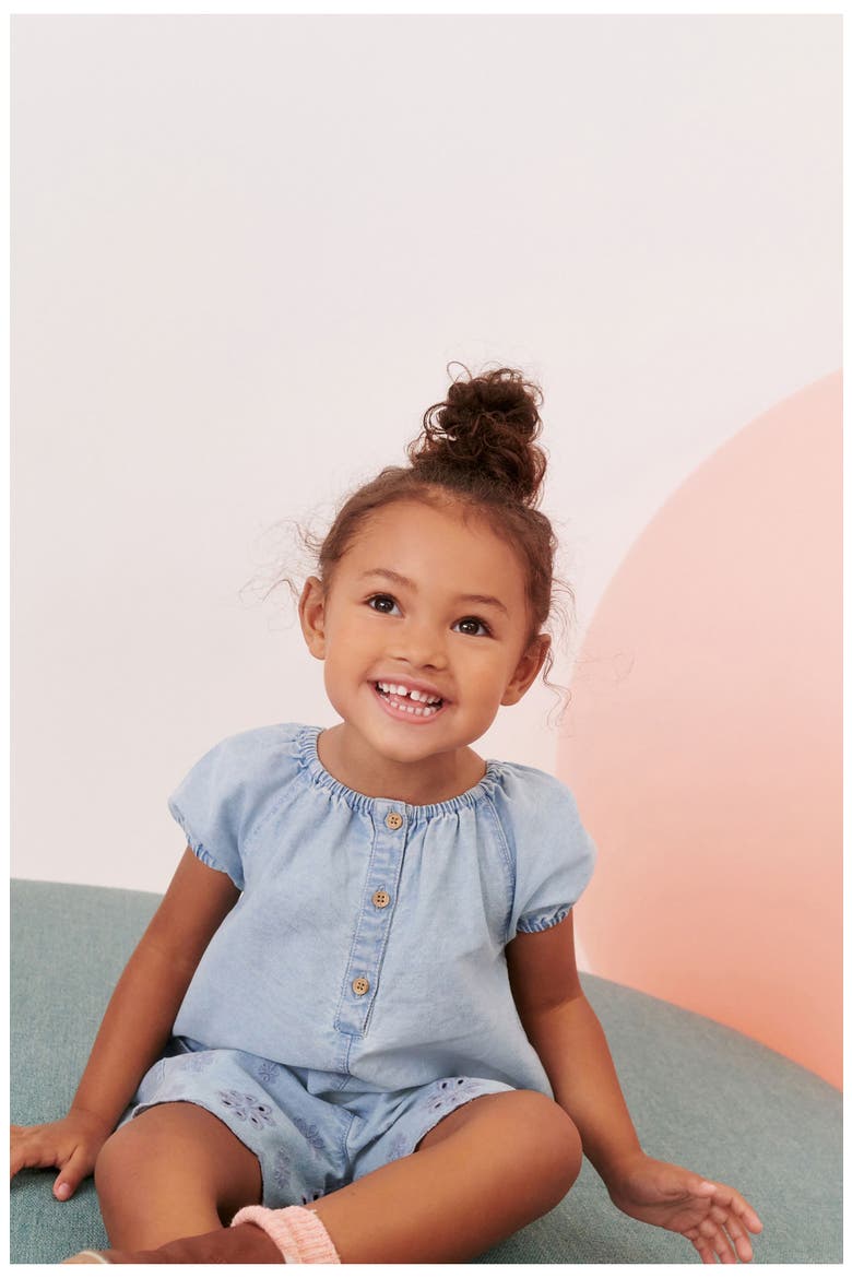 Kids' Eyelet Cotton Denim Romper, Alternate, color, BLUE DENIM
