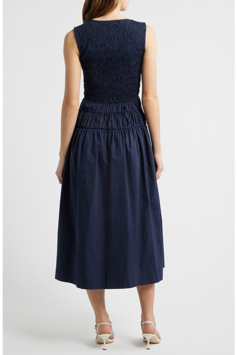 Tie Front Smock Waist Midi Dress, Alternate, color, NAVY