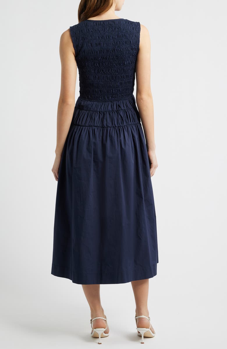 MOON RIVER Tie Front Smock Waist Midi Dress, Alternate, color, Navy