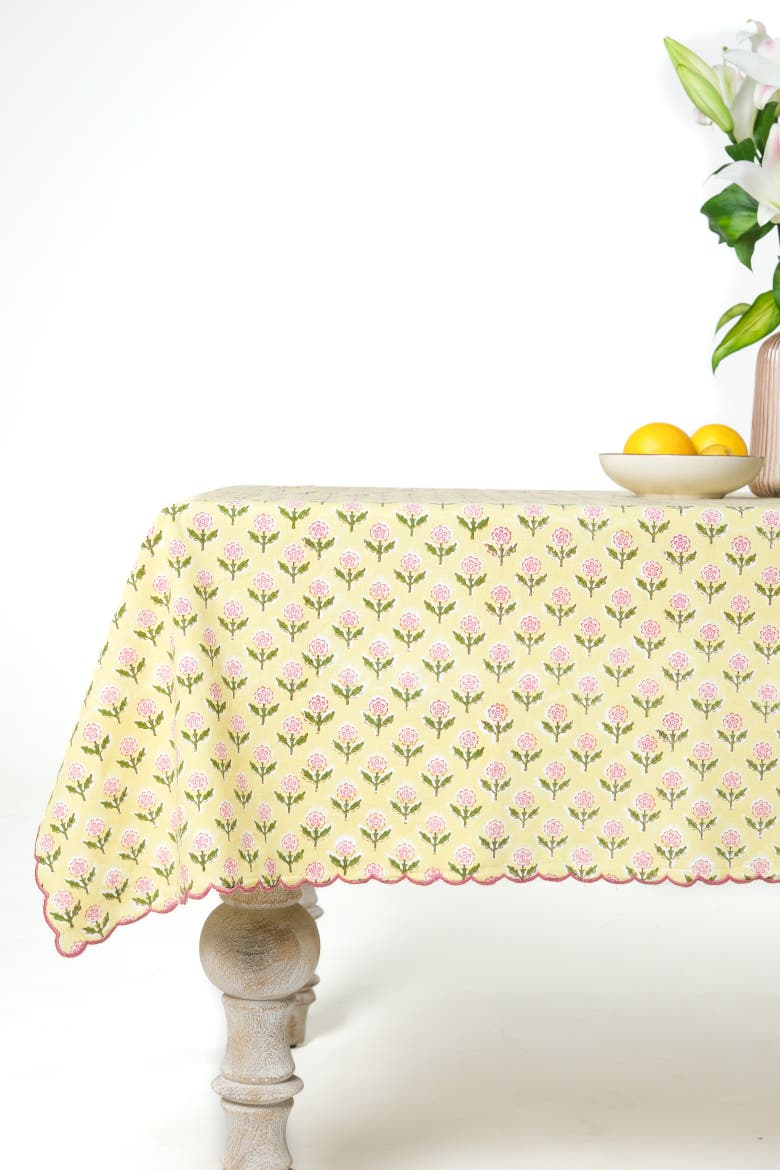 Mona Scallop Embroidered Blockprint Tablecloth, Alternate, color, 70x120