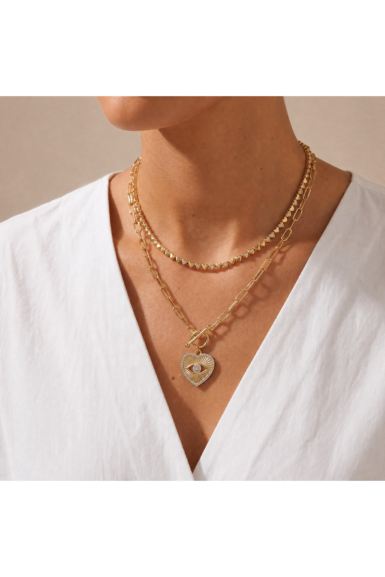 Heart Evil Eye Paperclip Toggle Necklace, Alternate, color, Gold