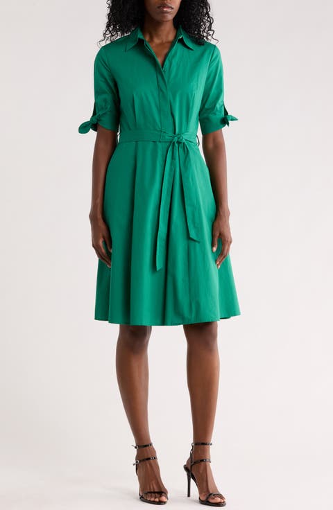 Solid Cotton Shoulder Tie Shirtdress