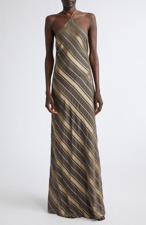 Metallic Diagonal Stripe Halter Gown