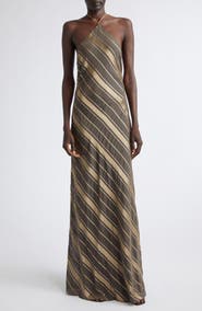 Stella McCartney Metallic Diagonal Stripe Halter Gown