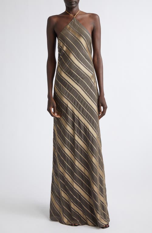 Stella McCartney Metallic Diagonal Stripe Halter Gown in Truffle at Nordstrom, Size 44