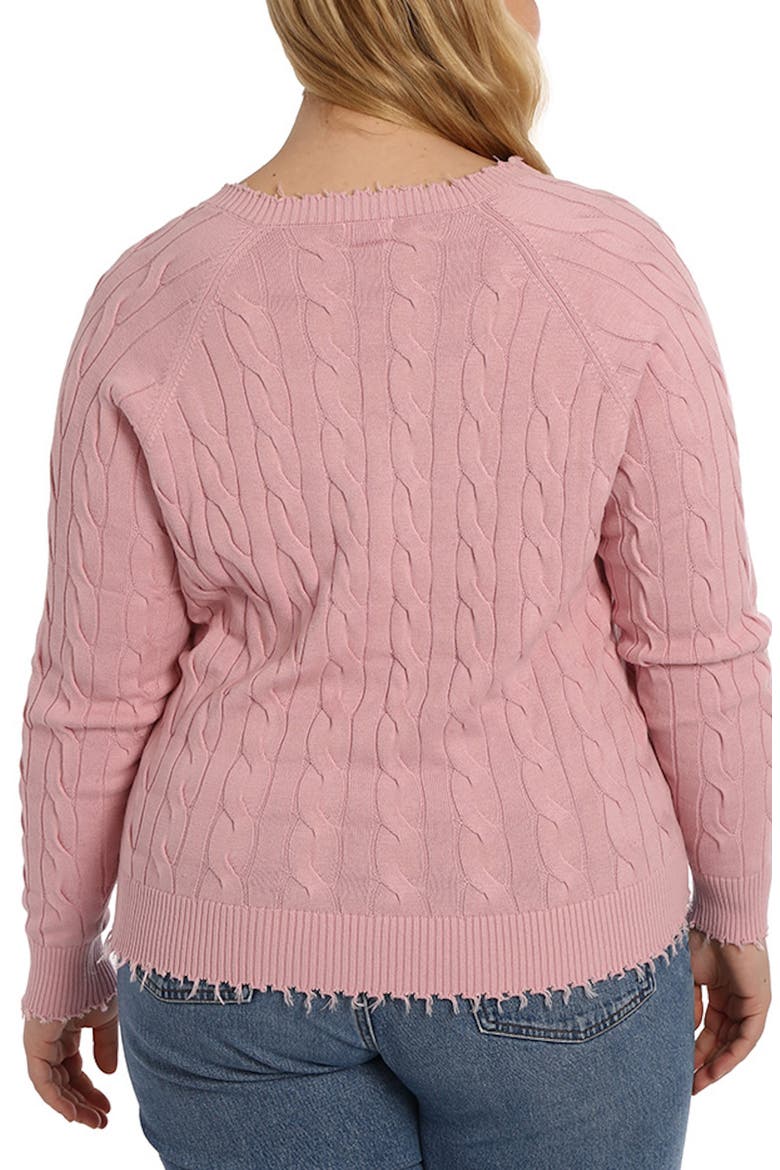 Frayed V-Neck Cable Knit Cotton Sweater, Alternate, color, PINK PEARL