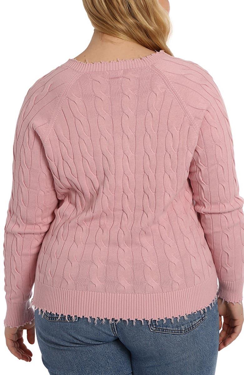 MINNIE ROSE Frayed V-Neck Cable Knit Cotton Sweater, Alternate, color, Pink Pearl