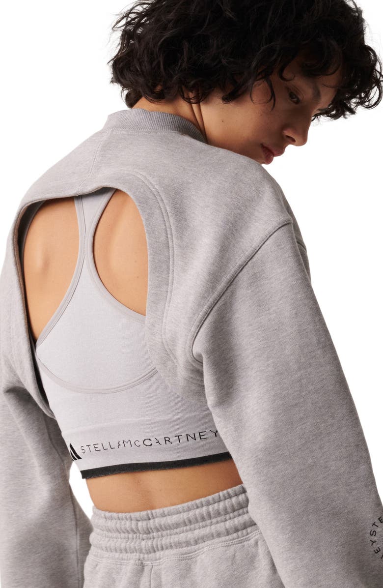 adidas by Stella McCartney TrueCasuals Organic Cotton Mock Neck Open Back Crop Sweatshirt, Alternate, color, Medium Grey Heather