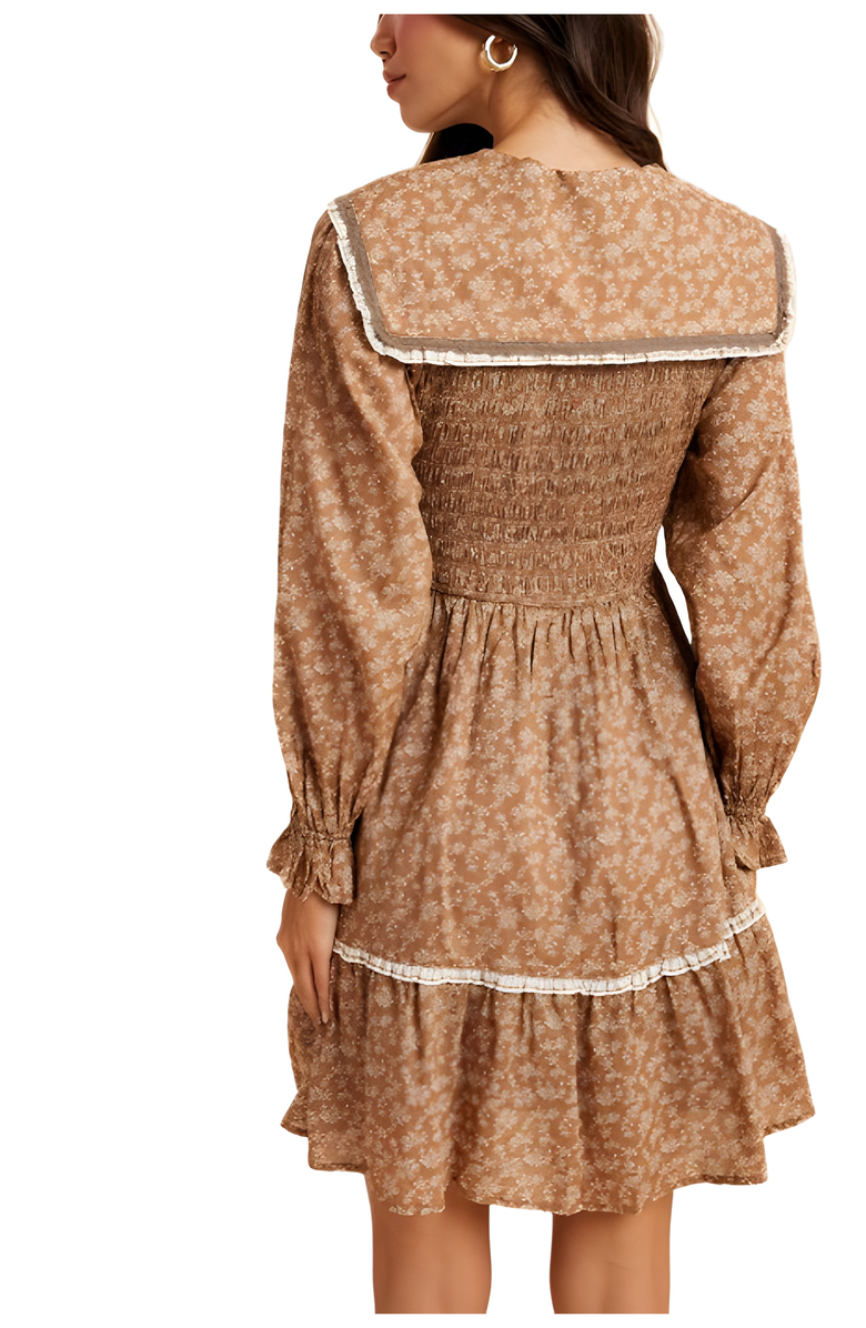 Knit and Lounge Floral Shirred Mini Dress with Lace Trim & Peter Pan Collar, Alternate, color, Brown Floral