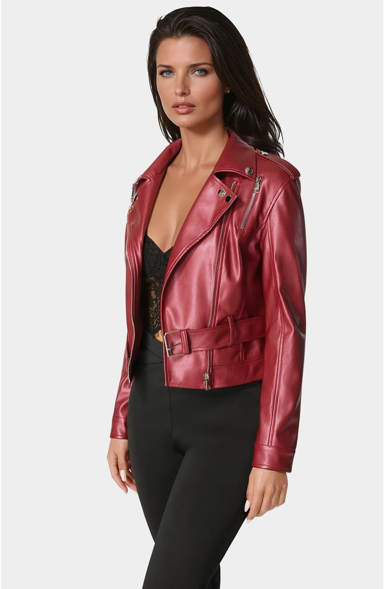 bebe Metallic Vegan Leather Moto Jacket, Alternate, color, Red Dahila
