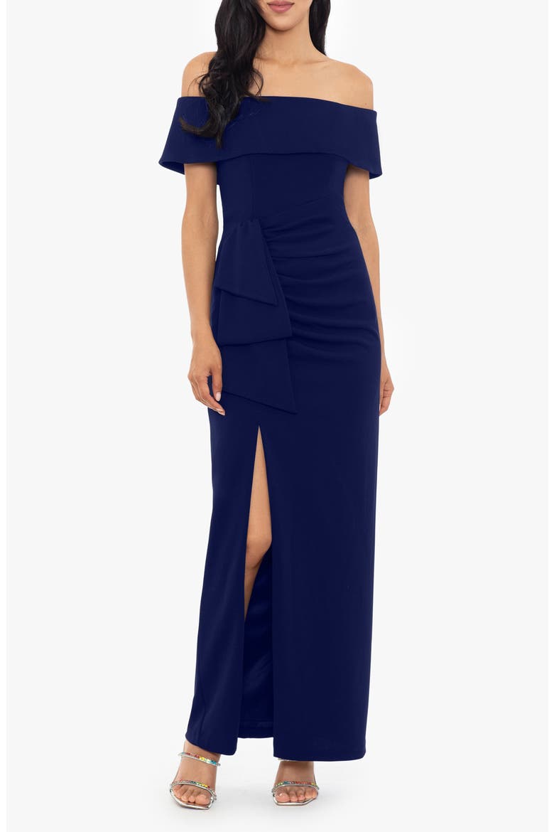 Ruched Off the Shoulder Crepe Gown, Main, color, NAVY
