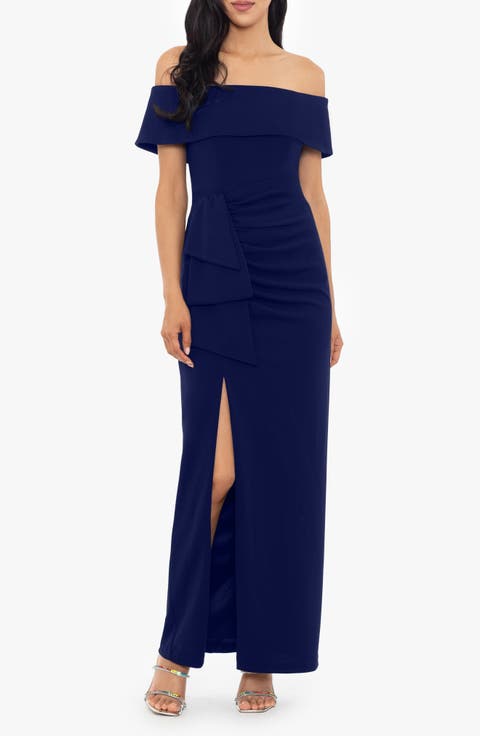 Ruched Off the Shoulder Crepe Gown (Regular & Petite)