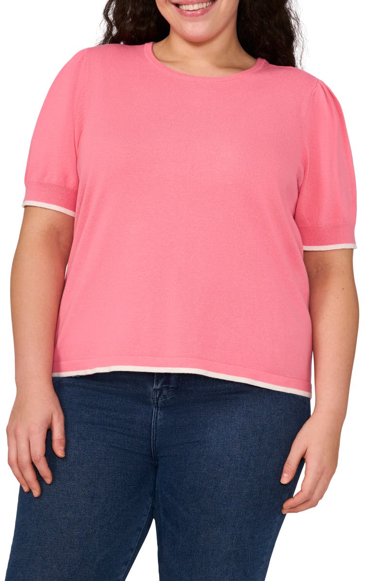 CeCe Tipped Short Sleeve Cotton Sweater, Main, color,