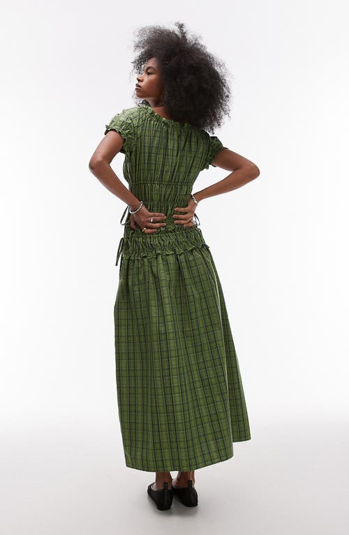Topshop Plaid Ruched Cotton Maxi Dress In Mid Green