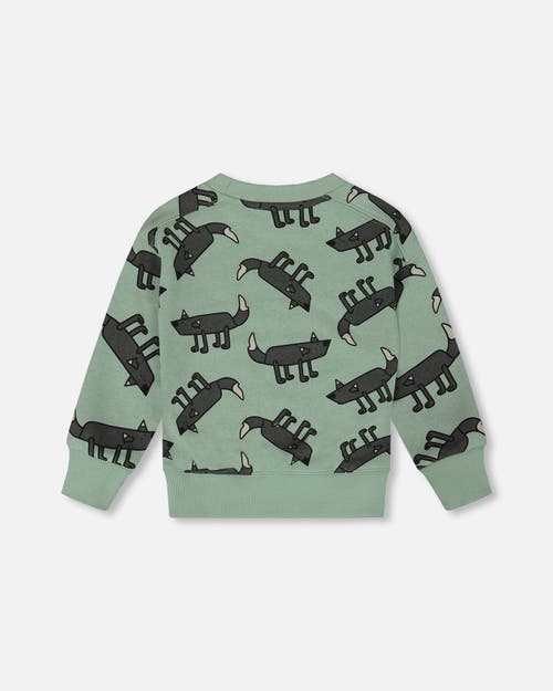 Deux Par Deux Boy's Printed Pullover French Terry Sweatshirt Gray Wolf On Teal Background In Gray Wolf On Teal Background