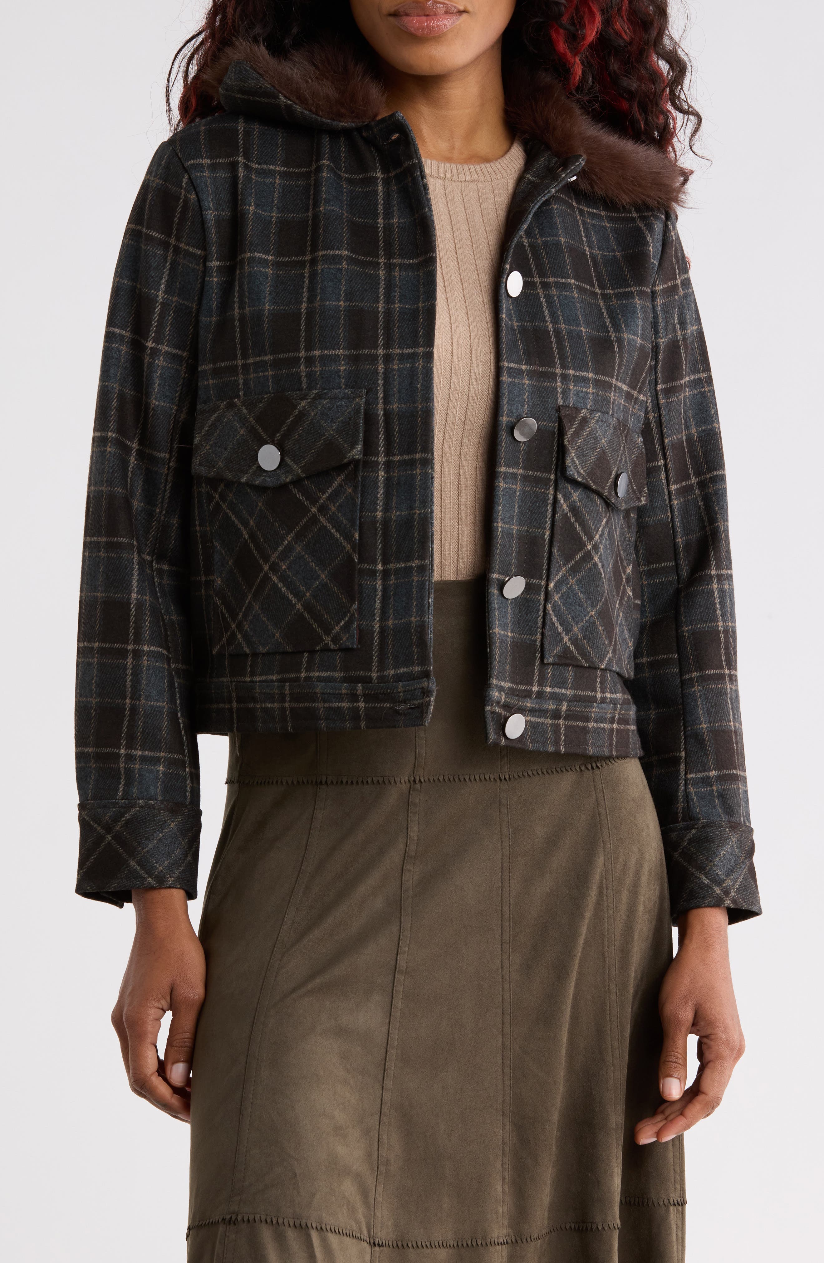 Plaid Jacket with Faux Fur Collar