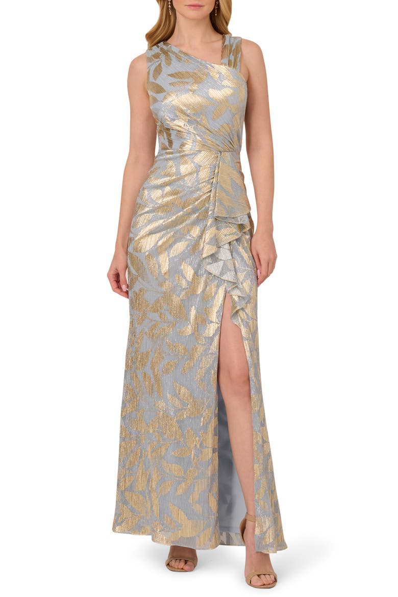 Foil Asymmetric Neck Gown, Main, color, LIGHT BLUE/GOLD