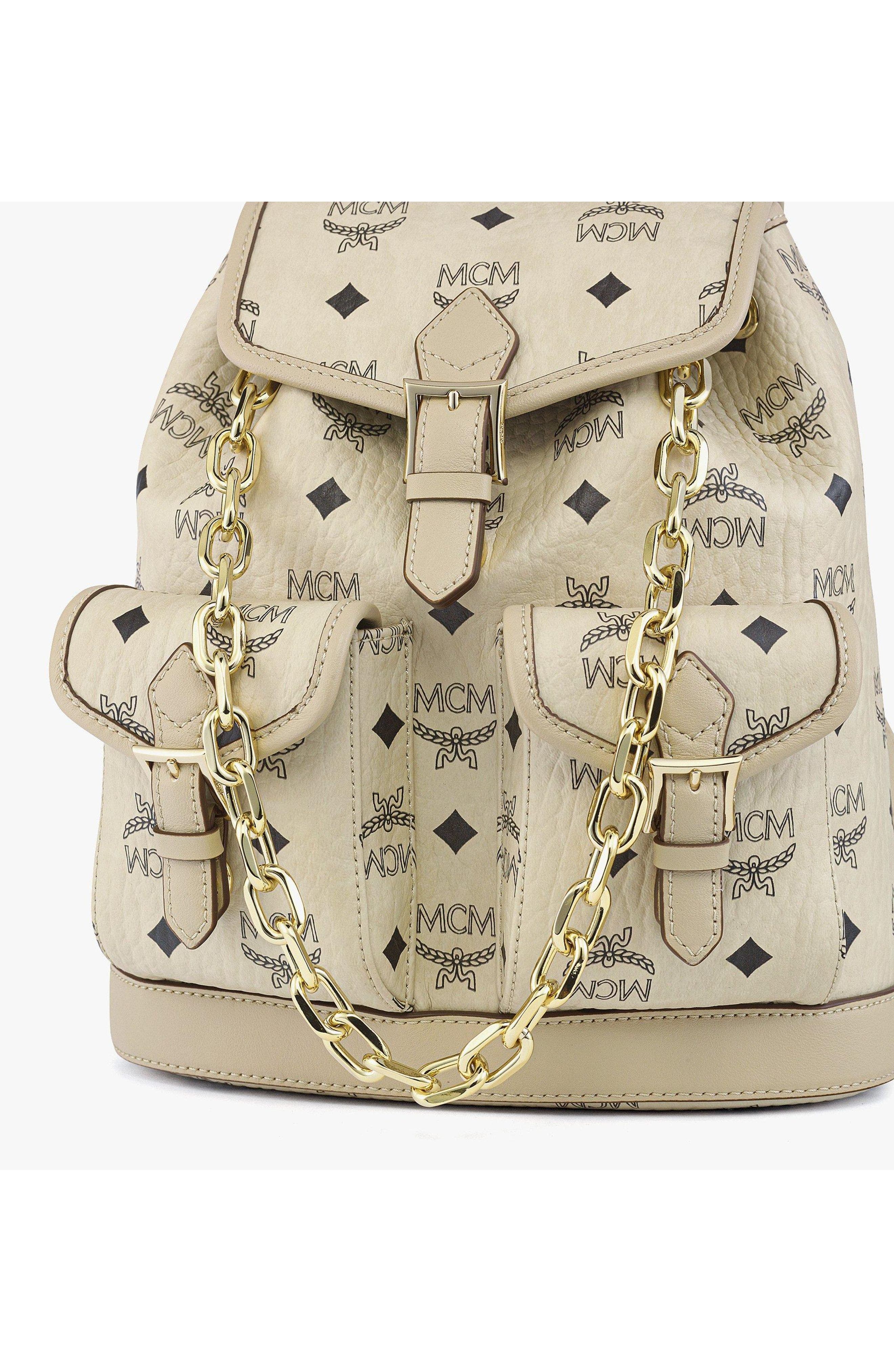 MCM Mini Aren Drawstring Backpack in Visetos, Alternate, color, Beige+Black Logo