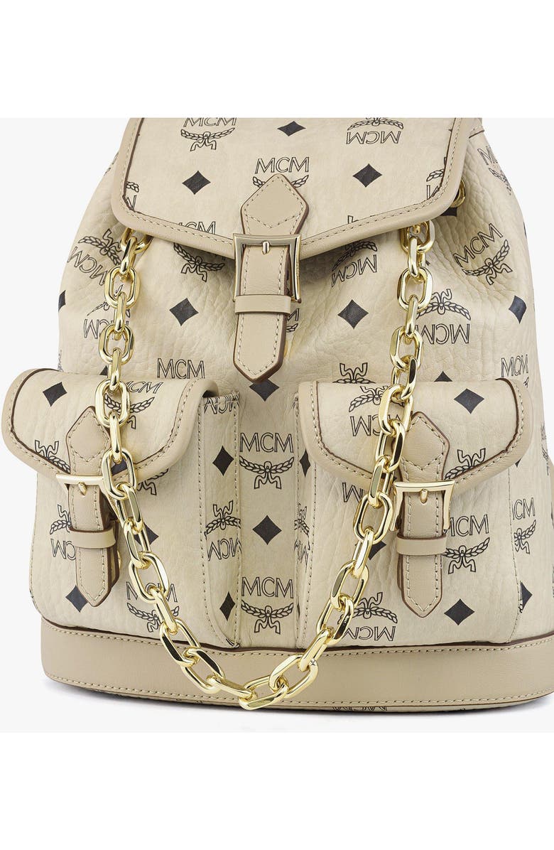MCM Mini Aren Drawstring Backpack in Visetos, Alternate, color, Beige+Black Logo