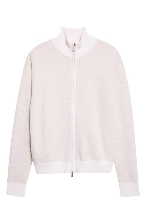Herringbone Cashmere Jacquard Zip Cardigan