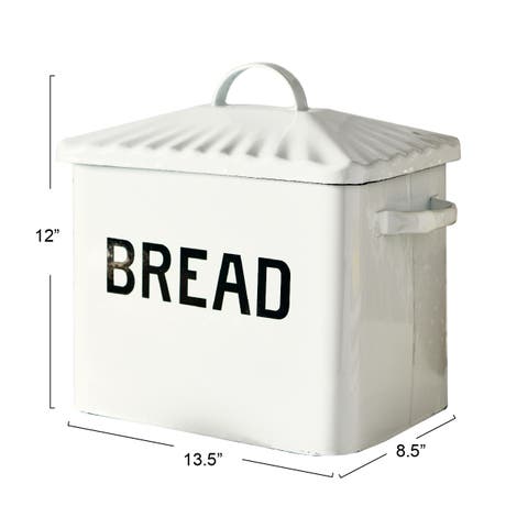 Farmhouse Enameled Metal Bread Box with "Bread" Message, White and Black