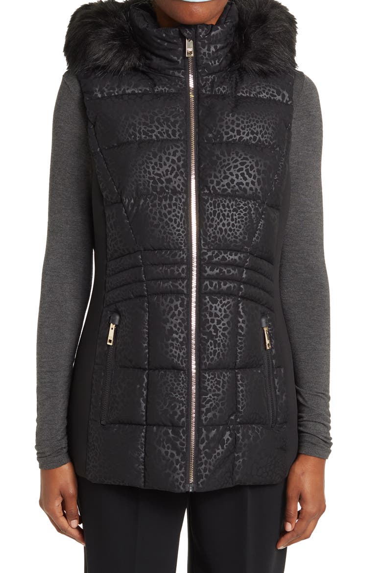 Faux Fur Trimmed Hooded Vest, Alternate, color, BLACK