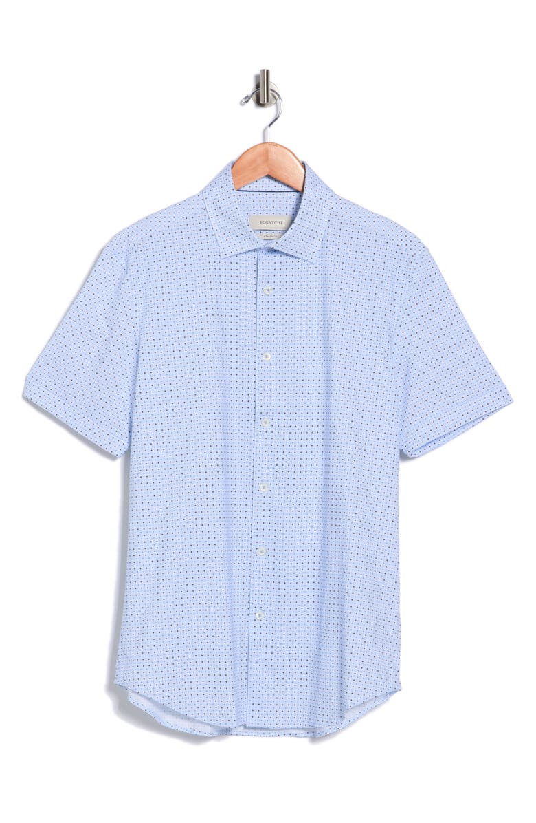 Bugatchi Micro Dot Print Stretch Cotton Short Sleeve Button-Up Shirt, Main, color, White/Blue