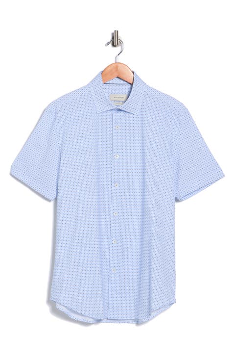 Micro Dot Print Stretch Cotton Short Sleeve Button-Up Shirt