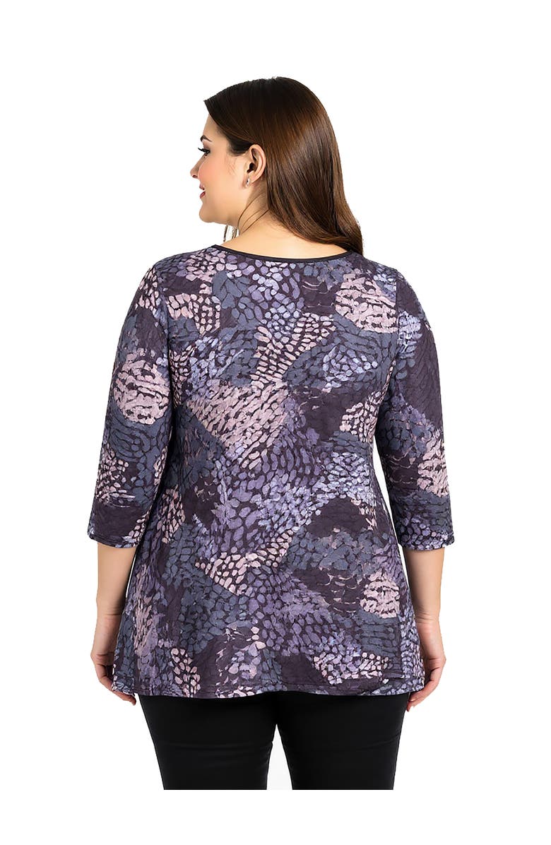 24seven Comfort Apparel Plus Size Abstract Print V-Neck three quarter Sleeve Tunic Top, Alternate, color, Brown Multi
