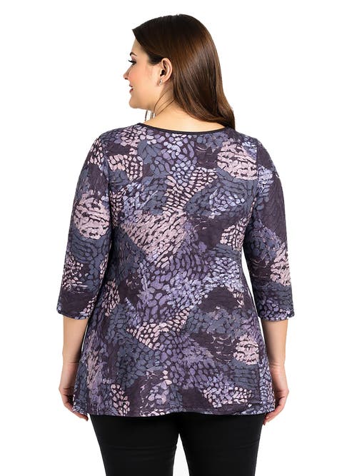 24seven Comfort Apparel Plus Size Abstract Print V-neck Three Quarter Sleeve Tunic Top In Blue