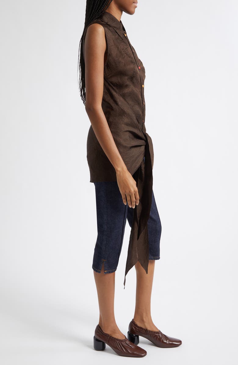 OSSOU Ranger Sleeveless Tie Front Crinkle Satin Button-Up Shirt, Alternate, color, Cedar