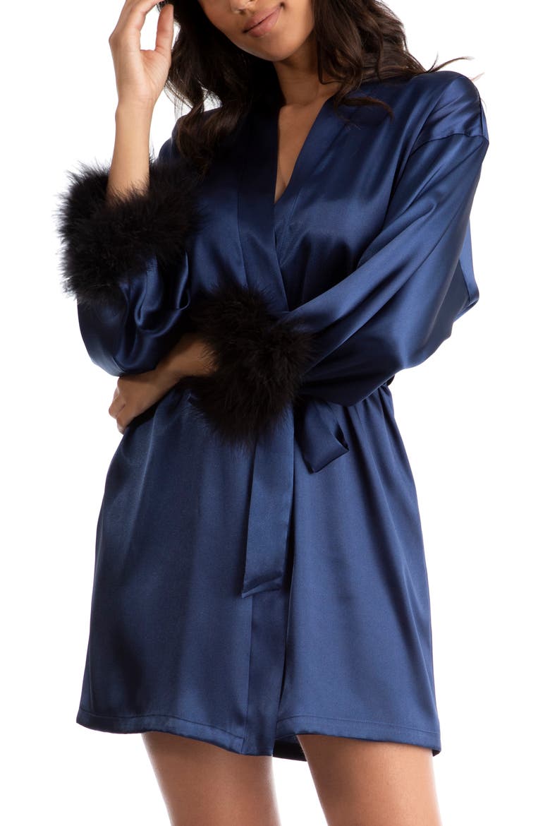 Noelle Feather Trim Satin Wrap, Main, color, BRIGHT NAVY