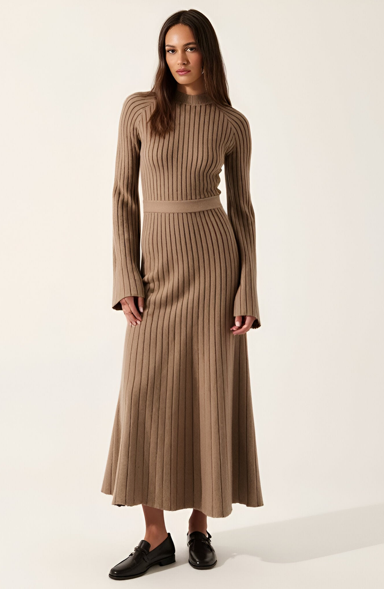 Modenaire Ribbed Knit Long Sleeve Maxi Dress with Flared Cuffs and Fit-and-Flare, Main, color, 