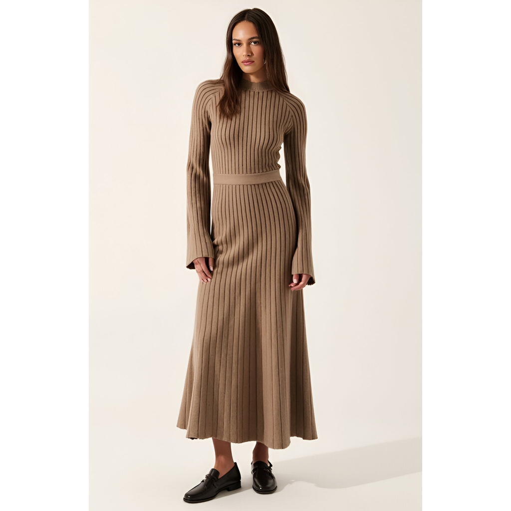Modenaire Ribbed Knit Long Sleeve Maxi Dress With Flared Cuffs And Fit-and-flare In Brown