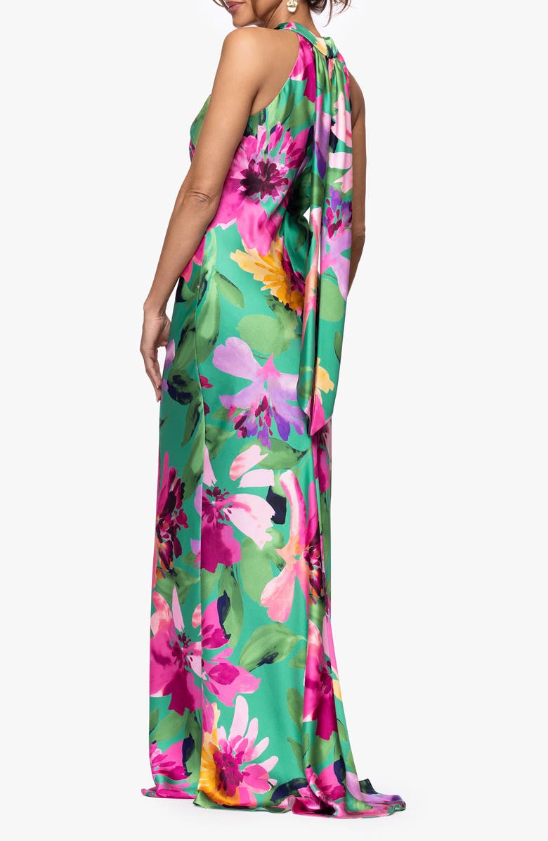 Xscape Evenings Floral Stretch Satin Column Gown, Alternate, color, Green/ Multi