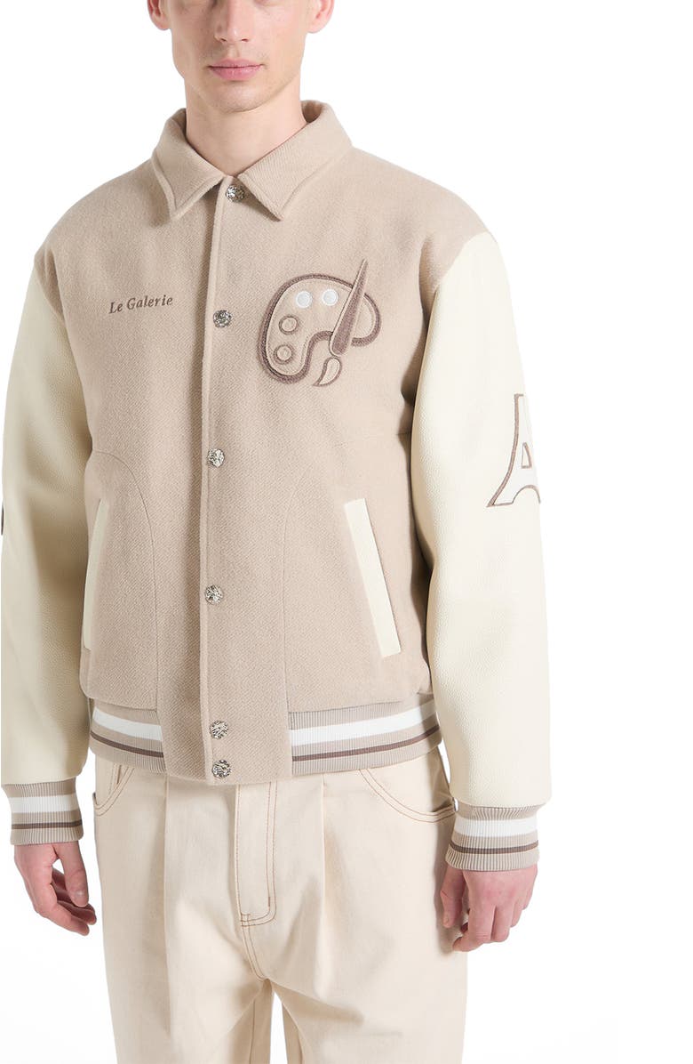 Manière De Voir Le Galerie Wool-Blend Varsity Jacket, Alternate, color, Beige