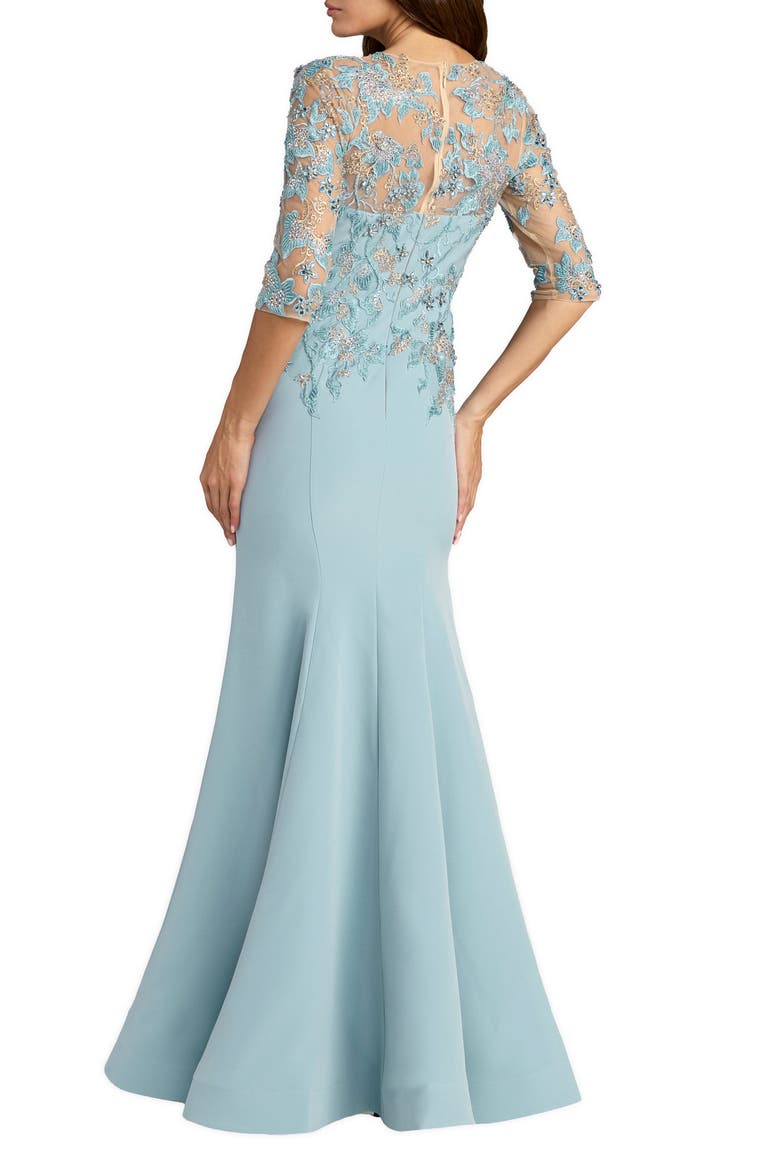 Embroidered Crepe Mermaid Gown with Illusion Neckline, Alternate, color, French Blue