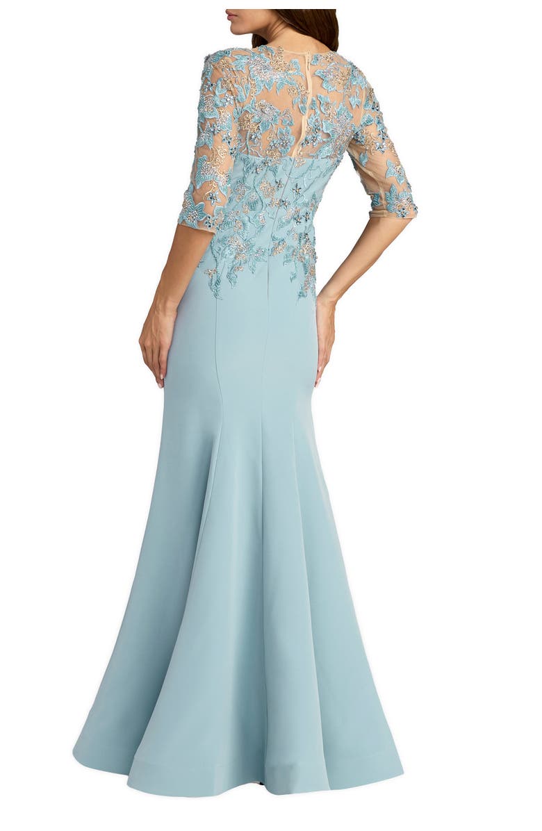 Mac Duggal Embroidered Crepe Mermaid Gown with Illusion Neckline, Alternate, color, French Blue