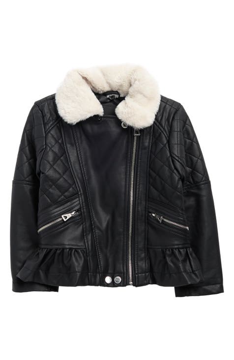 Kids' Peplum Faux Leather Moto Jacket with Faux Shearling Trim (Toddler)