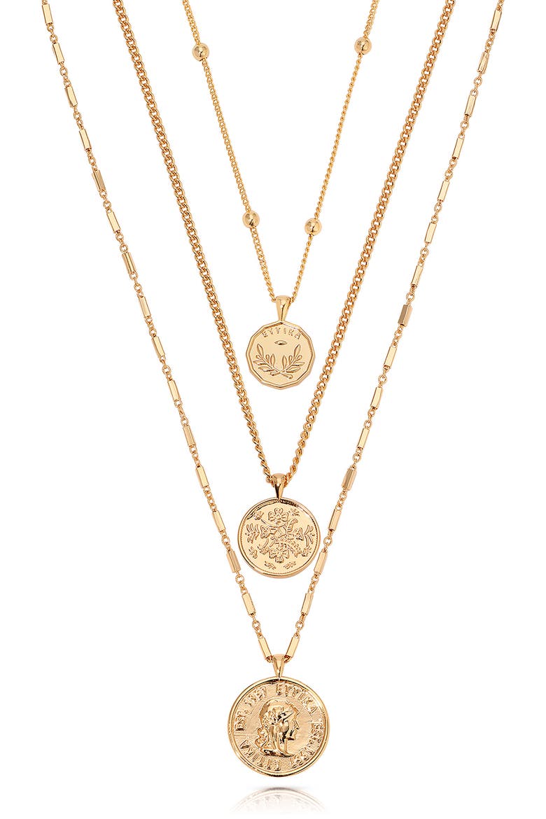Set of 3 Coin Pendant Necklaces, Main, color, GOLD
