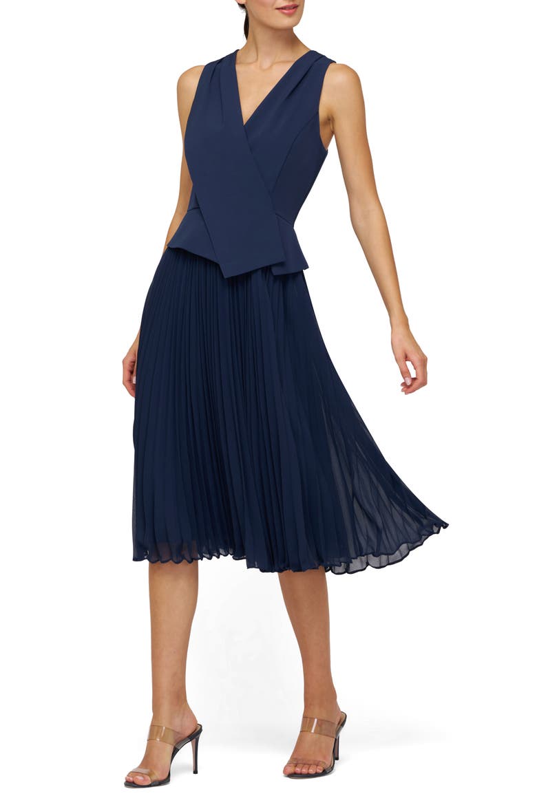 Orella Pleated Mixed Media Cocktail Dress, Alternate, color, DARK MIDNIGHT